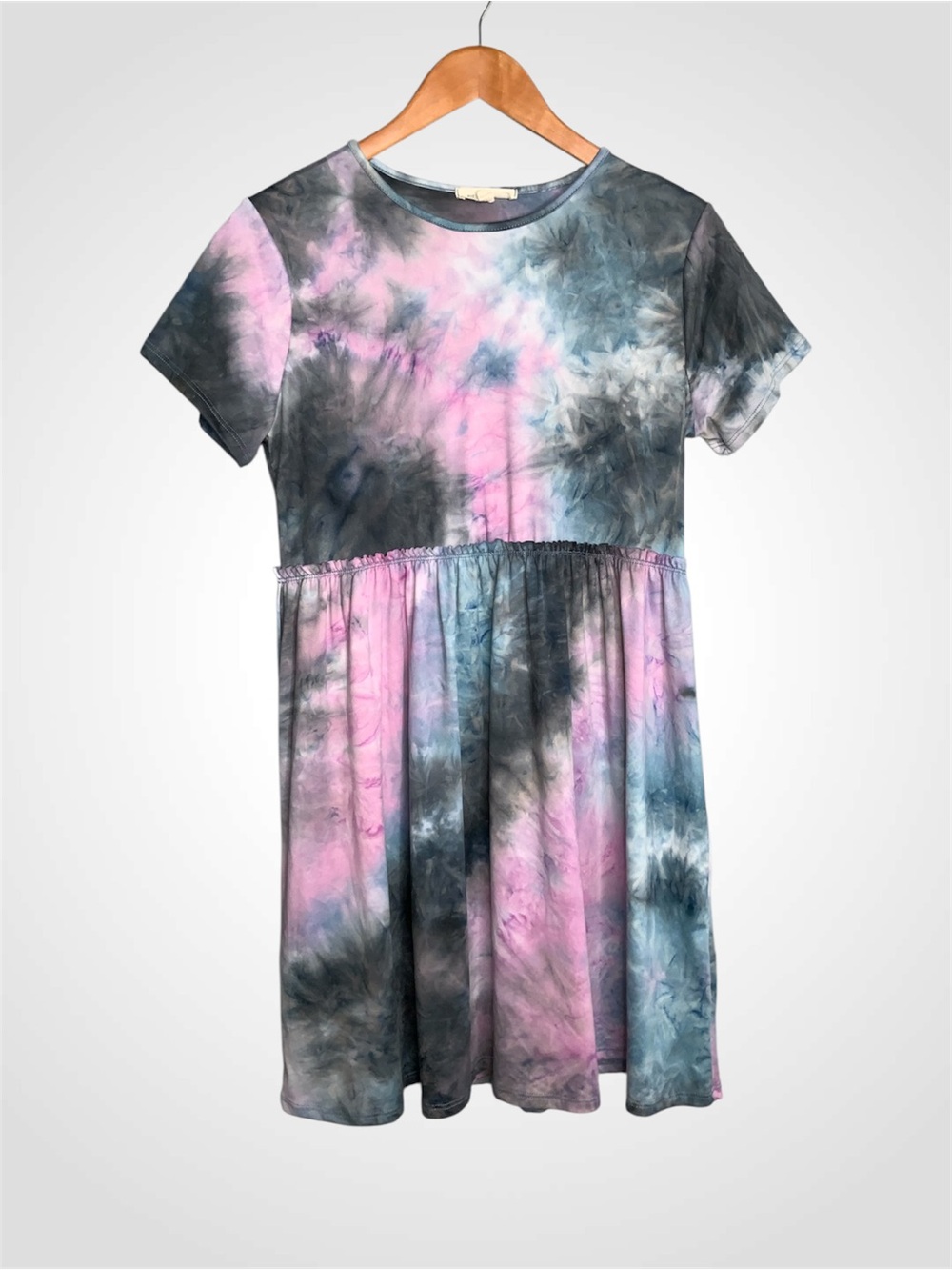 Pie In The Sky Tie-Dye Short Sleeve Mini Dress in Pink & Blue Medium